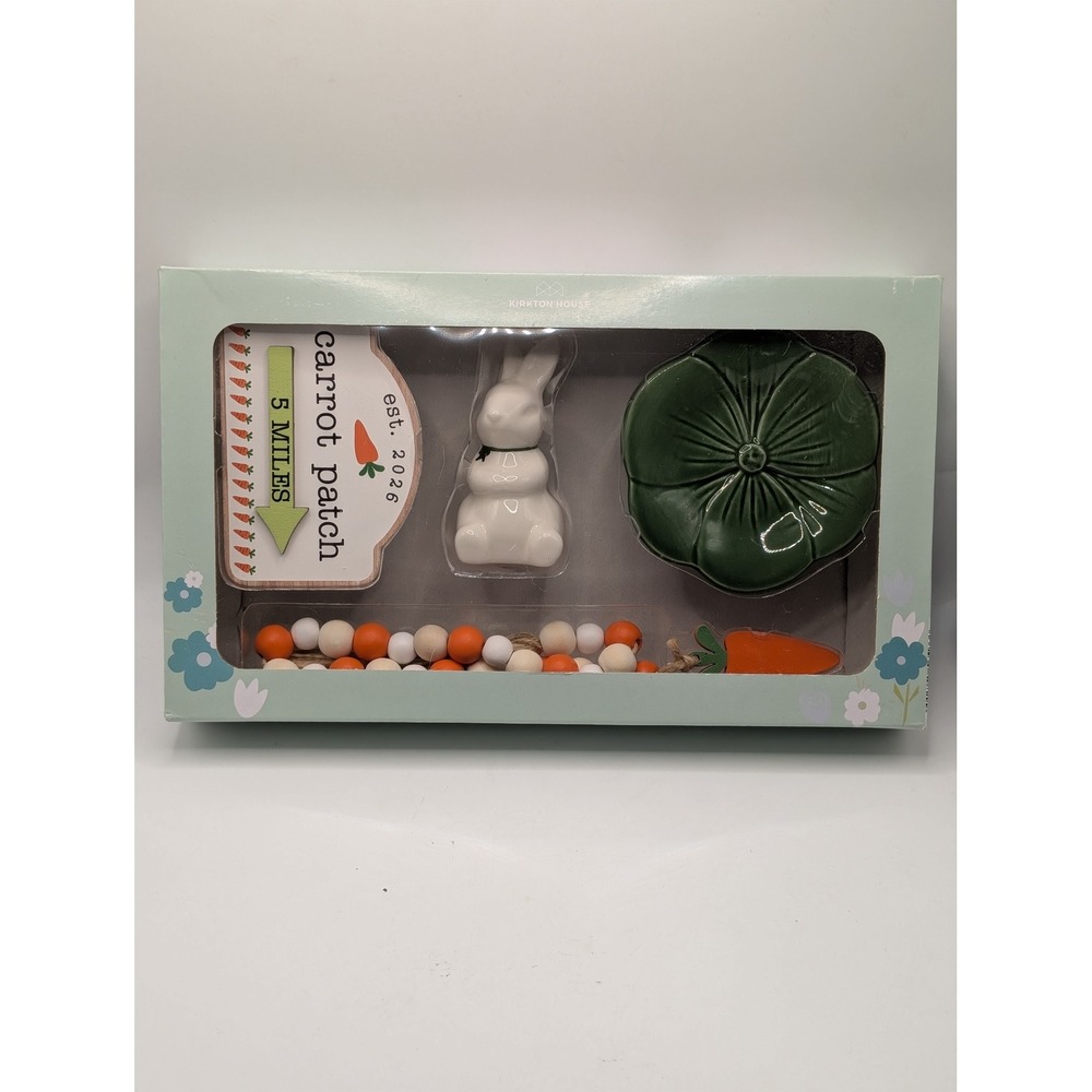 Kirkton House Spring Tray Objects 4pc Set Easter Bunny Carrot Patch Decor NEW